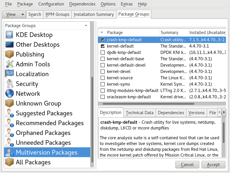 The YaST Software Manager: Multiversion View