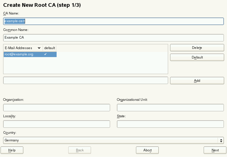 YaST CA Module—Basic Data for a Root CA
