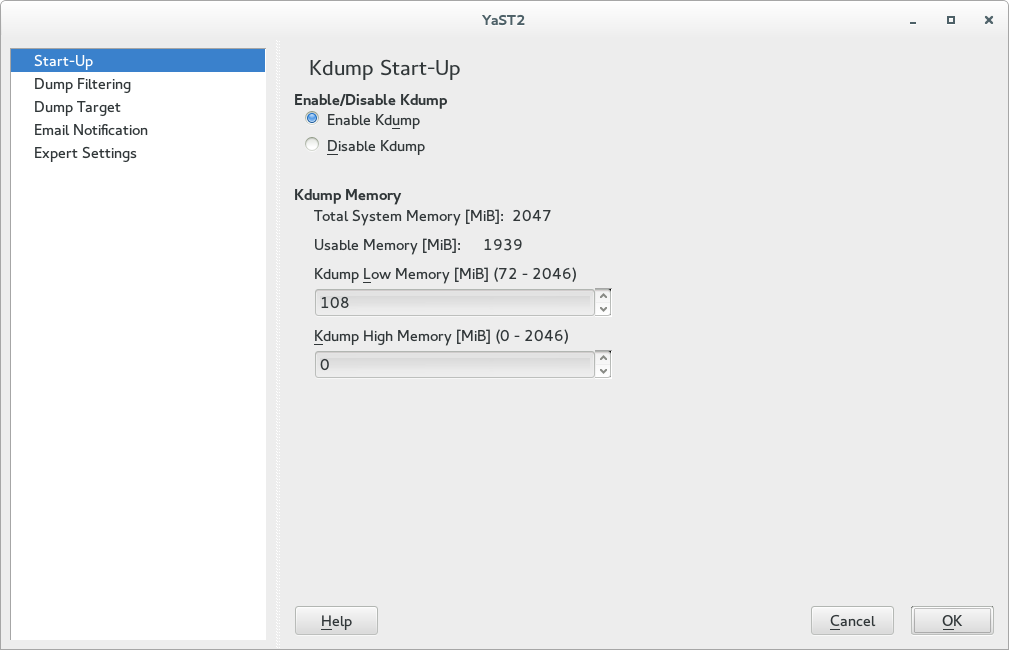 Screenshot of the YaST Kdump Module
