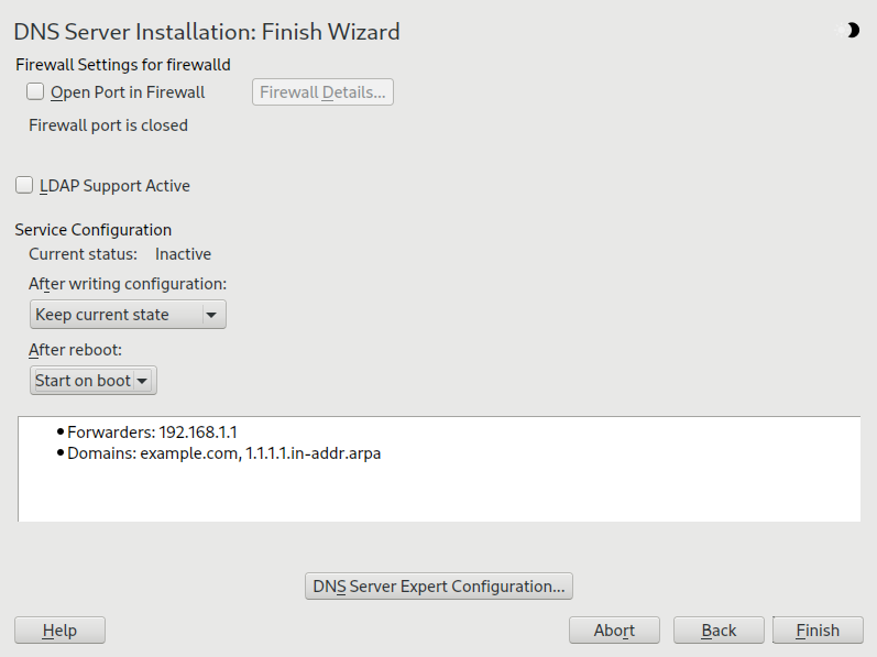 DNS server installation: finish wizard