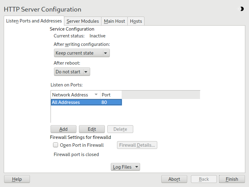 HTTP server configuration: listen ports and addresses