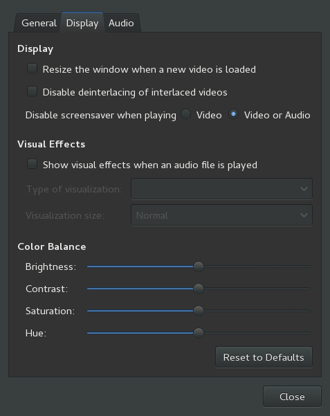 GNOME Videos Display Preferences
