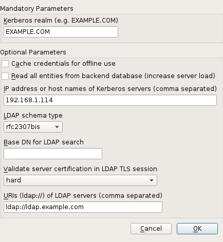 Authentication Client: Mandatory Parameters (LDAP and Kerberos)
