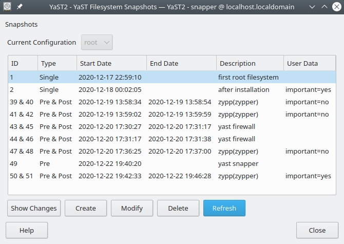 YaST filesystem snapshots